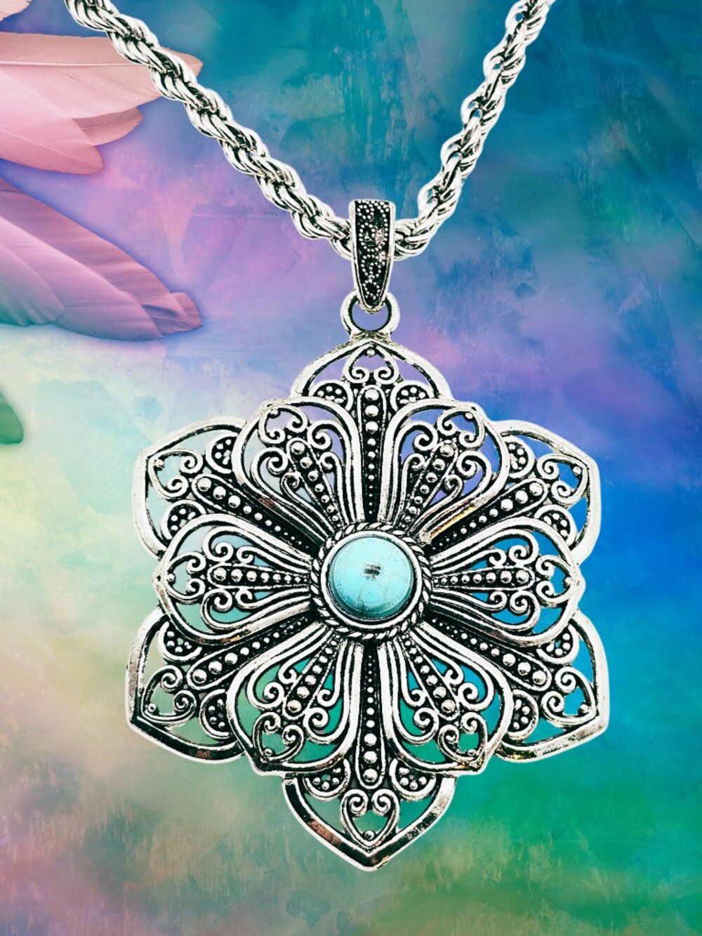 Large Southwestern Silver Tone Floral Pendant Necklace Turquoise Statement Boho